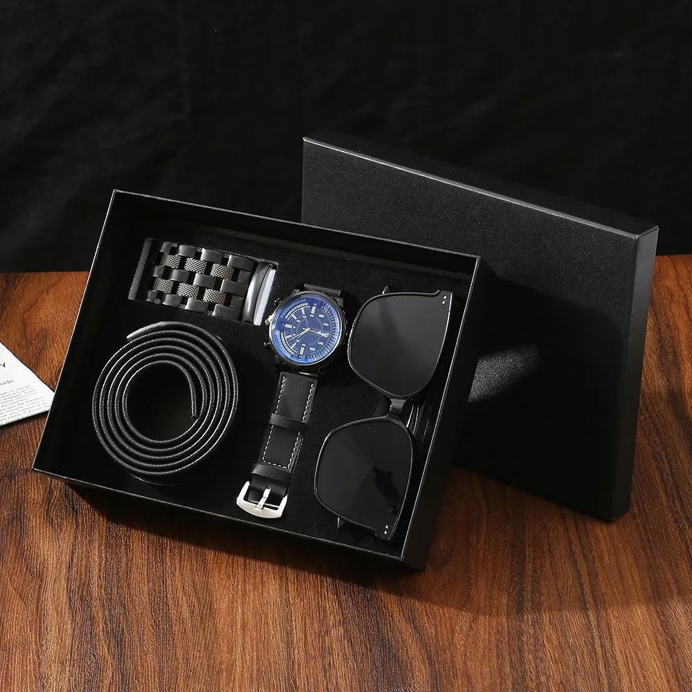 New Men’s Watch Belt and Sunglasses Set Gift Box Quartz Wristwatches Anniversary Father's Day Business Gift Set Box Wholesale