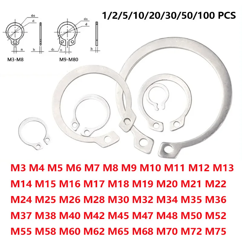 1-100pcs M3-M75 304 Stainless Steel A2-70 Shaft C-Type Shafts Retaining Ring Circlip With Hole GB894 Shaft-Retain Rings Gasket