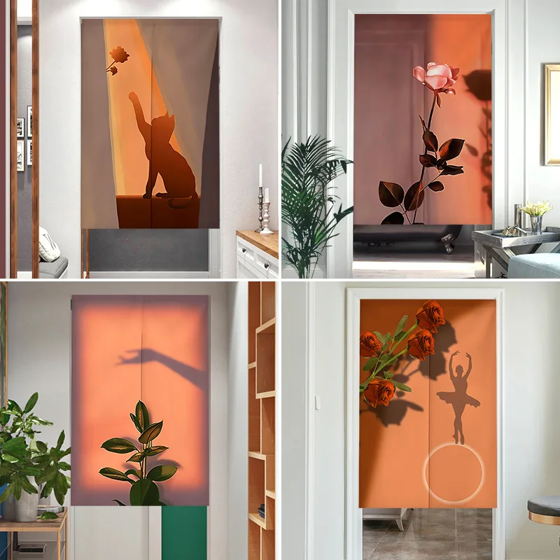 Rose Silhouette Ins Style Hanging Door Curtain Home Decor Punch-free Kitchen Living Room Noren Curtains Linen Partition Curtain