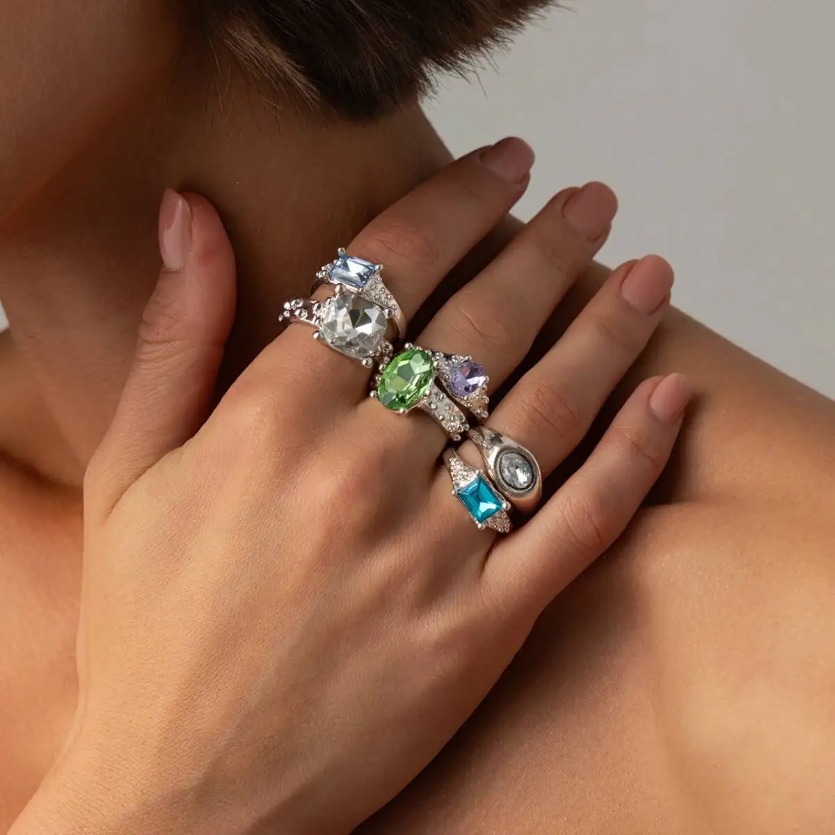 Ingemark 6 Pcs/Set Personality Acrylic Rhinestone Adjustable Open Rings for Women Vintage Stackable Finger Rings Hip Hop Jewelry