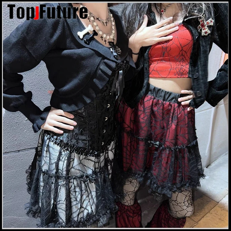 Spice Mädchen Y2K Gothic Schwarz Mesh Röcke Punk Grunge Rock Spinne Web Spitze Mini TUTU Rock Harajuku Streetwear Frauen Röcke