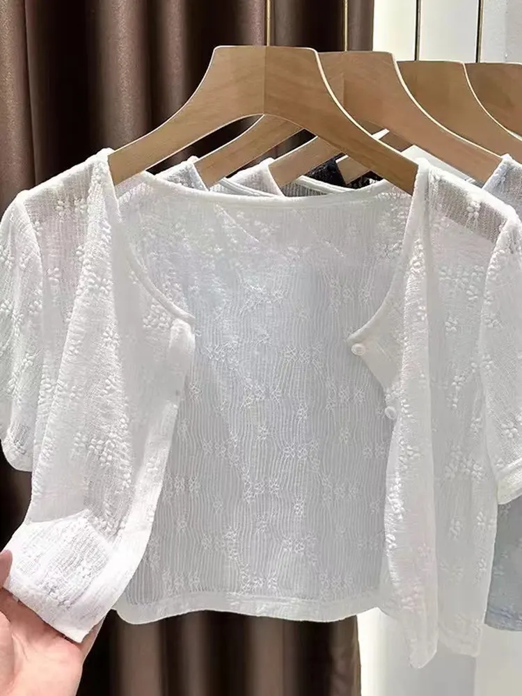 

Summer ort Lace Open Cardigan Women's oulder Baring Thin ort Sve Outerwear Air Conditioning irt Versatile round Ne