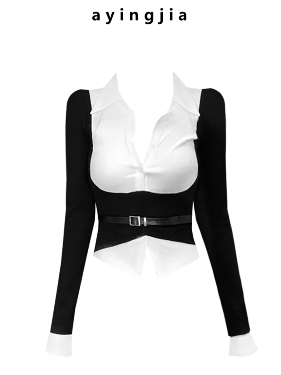 

Женская блузка American Sle Spicy Girl Color Blo с эффектом двухслойности, приталенная, с длинным рукавом, для ранней осени