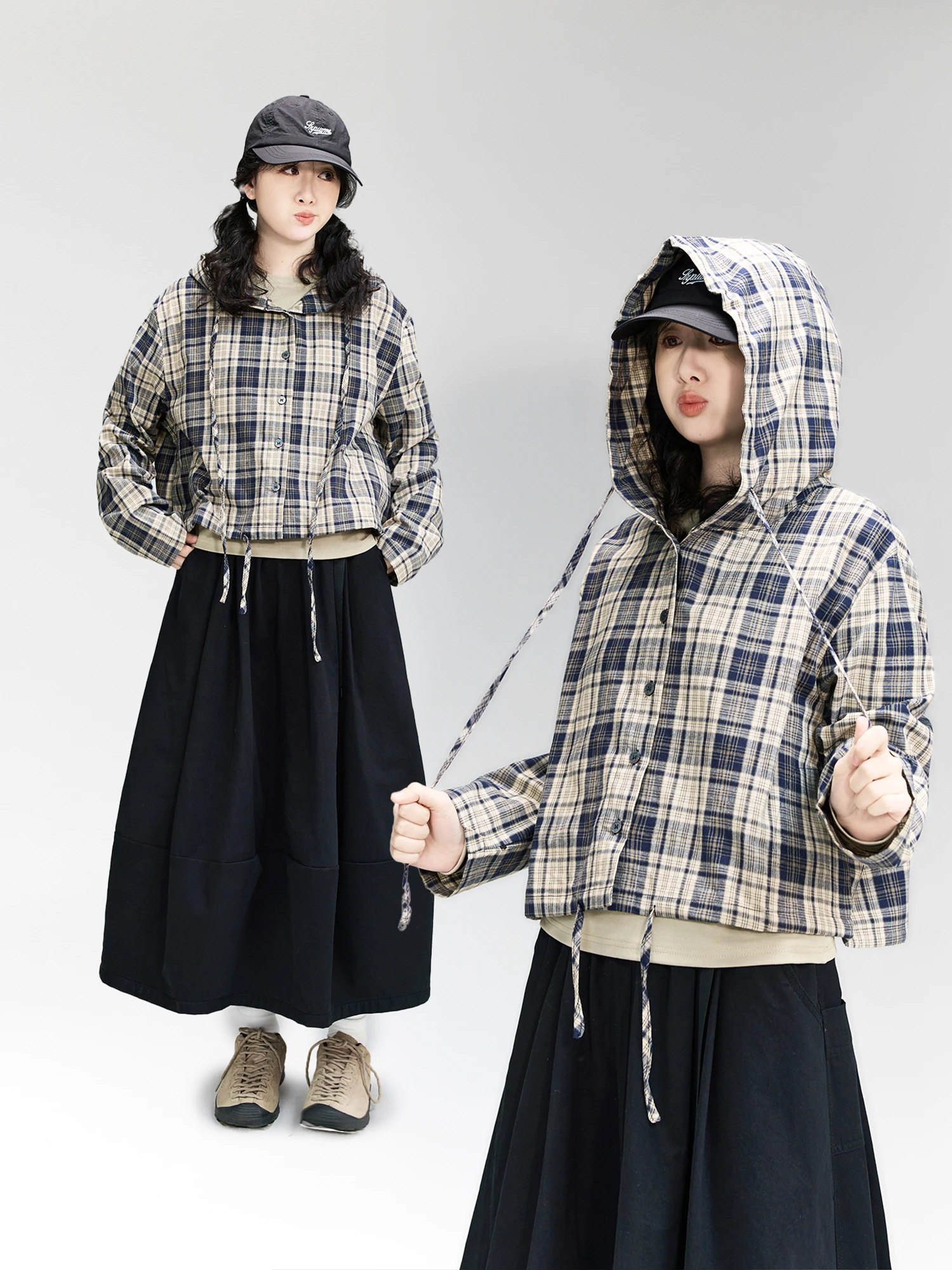 

Рубашка в клетку в стиле ретро американского колледжа, женская короткая свободная универсальная куртка с капюшоном и завязками, модная повседневная одежда