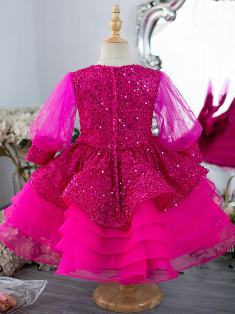 High-End Children's Princess Sequin Evening Gown Kids Catwalk Wedding Birthday Baptism Party Flower Girl Dress A3993 Vestidos