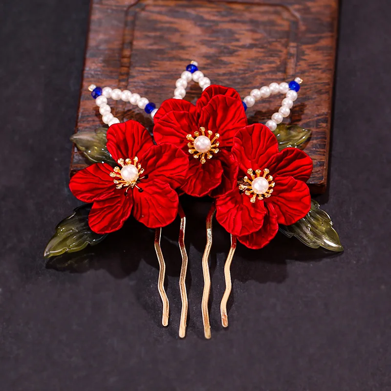 Chinese Style Red Flower Hairpin Hair Clips Hanfu Clothing Chopsticks Hair Styling Hair Accessories Bridal Headwear Tiara