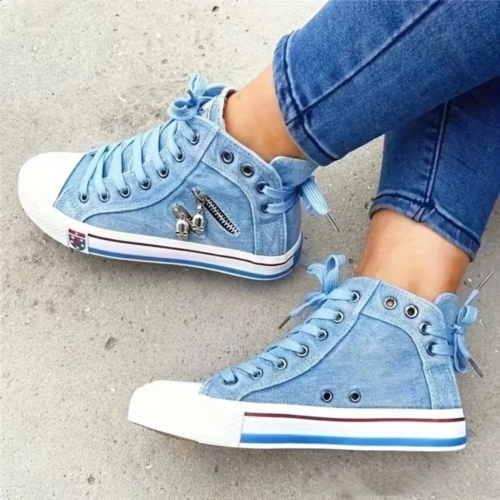 2024 New Women Canvas Shoes Retro Lace Skull Light Blue Retro Denim High Top Sneakers Classic Metal Decoration Casual Zapatillas