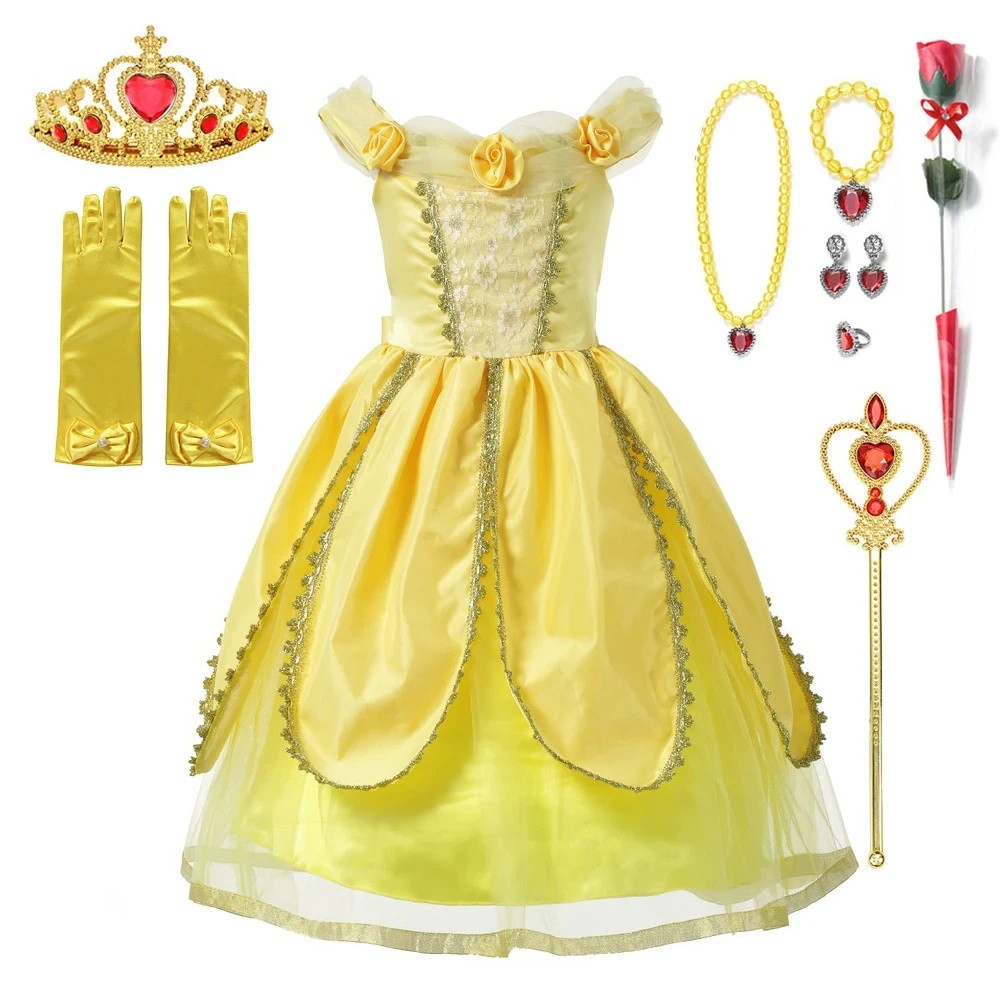 Disney Princess Dress Suit Charm for Girls Cosplay Cinderella Belle Aurora Snow White Mesh Ball Gown Carnival Birthday Costume