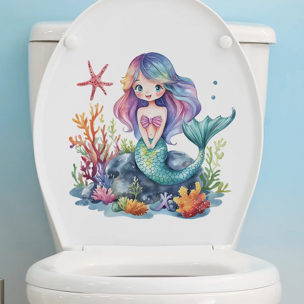 1PCS Cartoon Mermaid Coral Seaweed Bathroom Toilet Toilet with Home Beautifying Decorative Stickers Self-adhesive