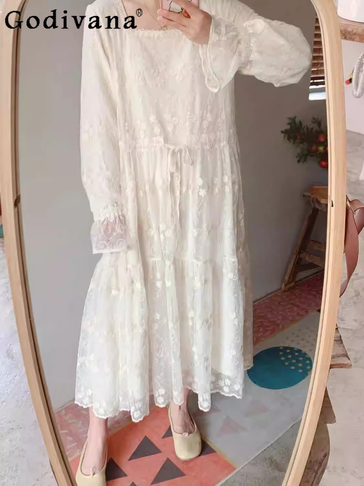 

Summer Japanese Sweet Lace-up Long Sleeve Fairy Dress Elegant French Versatile Age Reduction Loose Leisure Bottoming Dresses