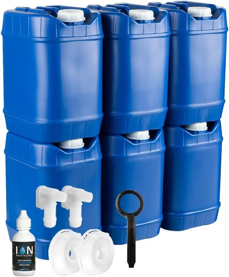 Containers with Lids, Emergency Water Storage Kit Including Spigots, Wrench, and Water Preserver