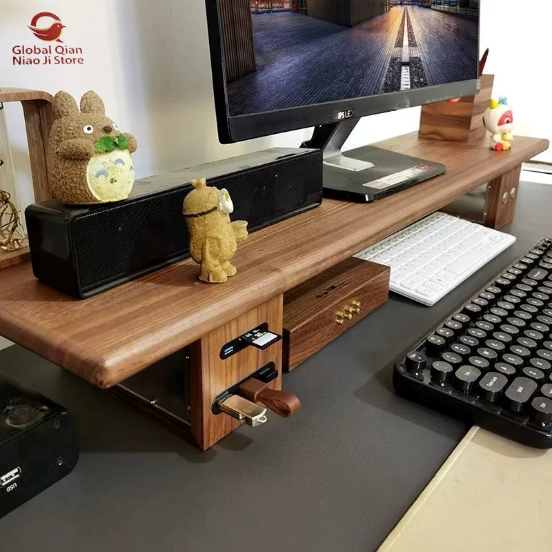 Black Walnut Solid Wood Desktop Laptop & Monitor Riser, Storage Organizer with USB Port, Custom‑Made