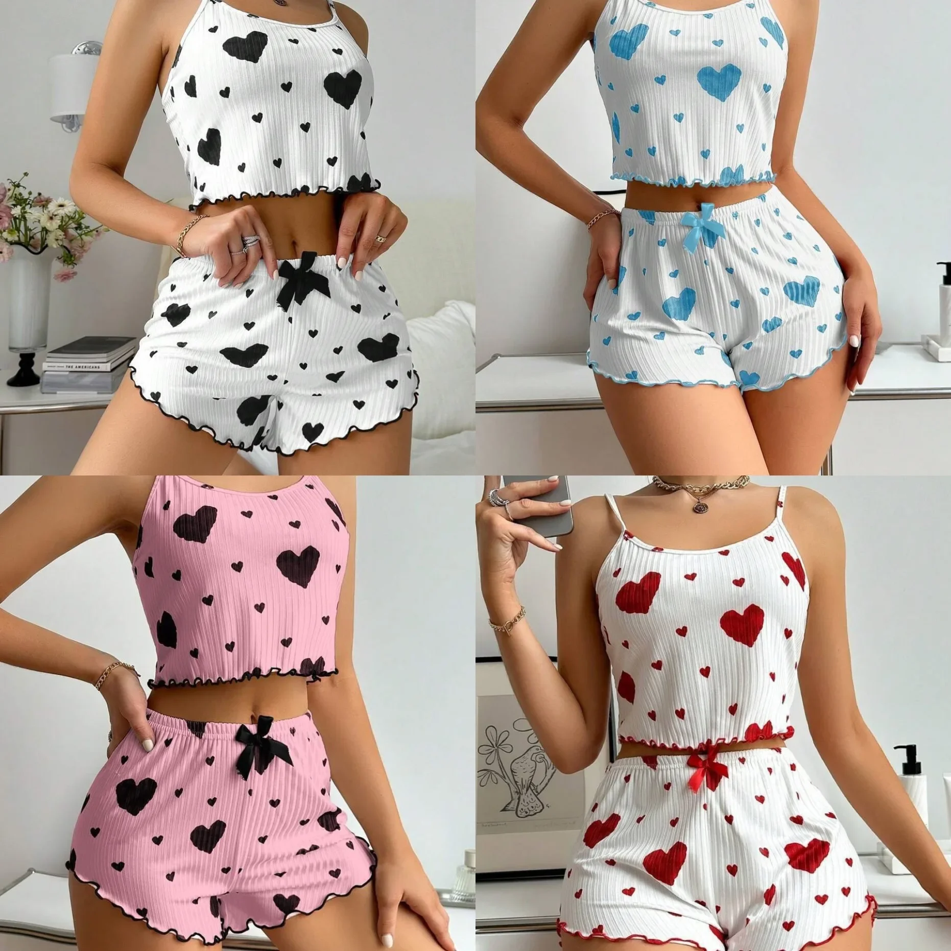 

2024, женский пижамный комплект с сердечками, шорты, одежда для сна, пижамы с сердечками, белые вентилируемые мягкие повседневные топы и шорты с принтом Love, одежда для дома