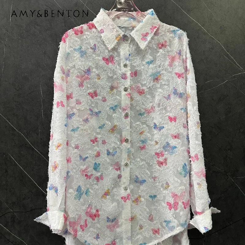 

Summer Sweet Rhinestone-embellished Butterfly Fuzzy Long-sleeves Shirt Women's Loose Fit Casual Versatile Age-defying Top Blouse