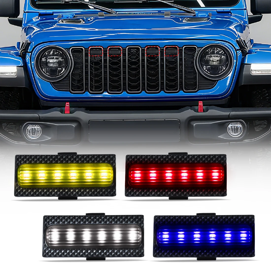 

For Jeep Wrangler JL 2024 2025 LED RGB Grille Lights Front Grill Light Warning Daylight LED Daytime Running Car Accessories 4PCS