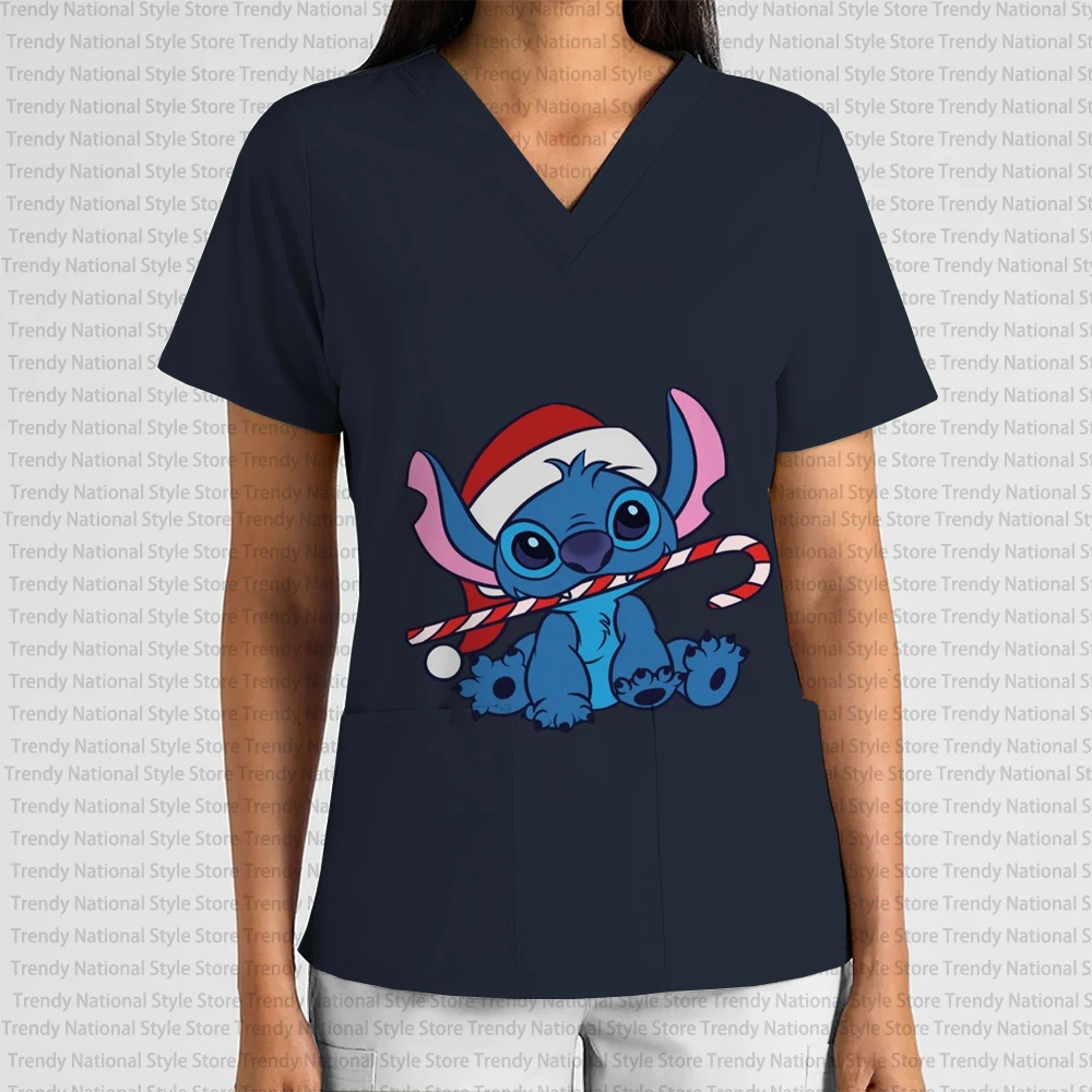 أزياء المرأة الأنيقة العمل موحدة متجمد الأعلى الخامس الرقبة جيب تي شيرت رائعة ديزني عيد الميلاد غرزة تي شيرت مطبوع