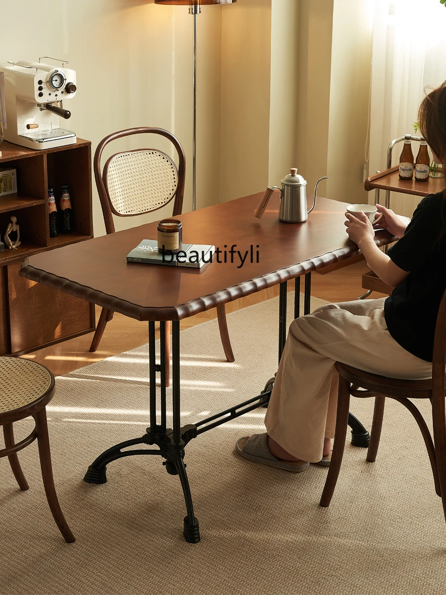 French Style Vintage Dining Table Solid Wood Rectangular Living Room Home Leisure Restaurant Coffee Shop Table Simple