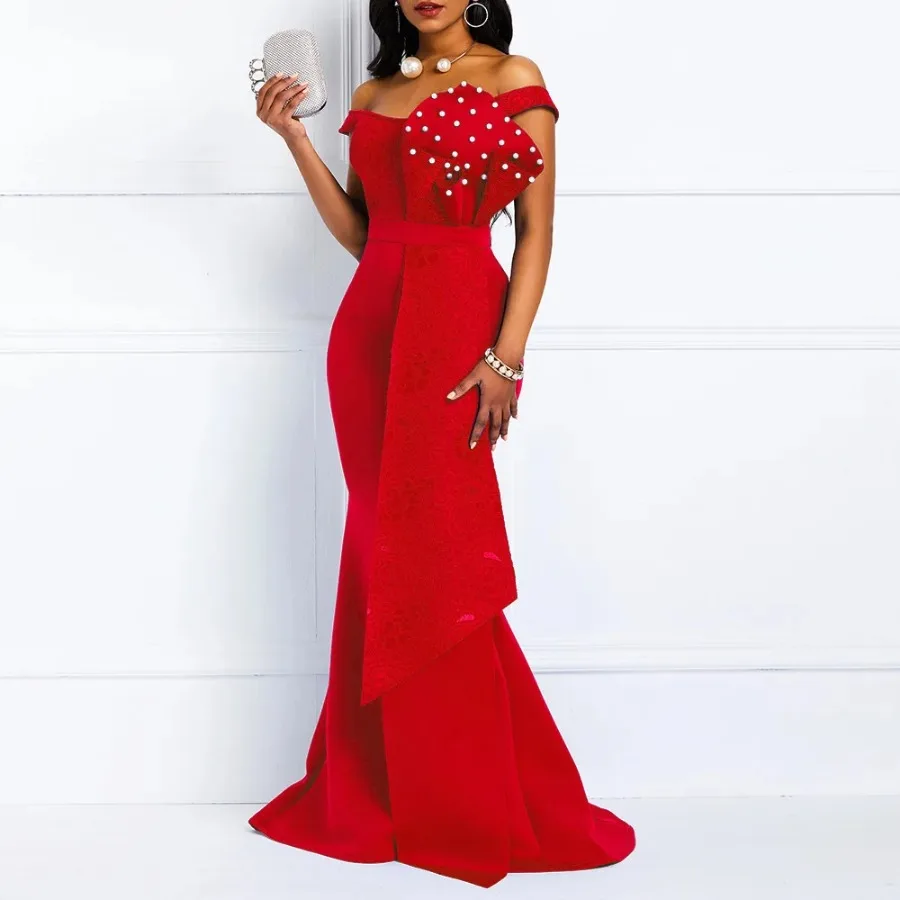 2024 Luxury Dresses Women Designers Beaded Off Shoulder Mermaid Skinny Prom Floor Length Evening Dinner Wedding Party Maxi Dress