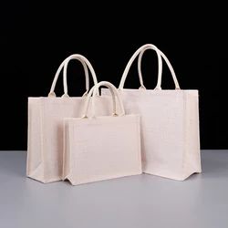 S/M/L Black Jute Linen Shopping Tote Bags DIY Blank Grocery Handbag for Women Burlap Handbag Large Capacity Travel Organizer