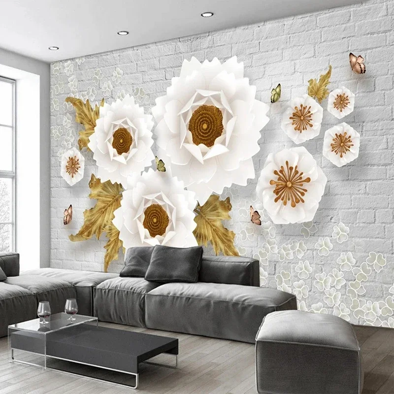 Custom 3D Photo Hand Painted White Flowers Brick Wall Mural Bedroom Living Room TV Sofa Background Non-woven Embossed Wallpaper