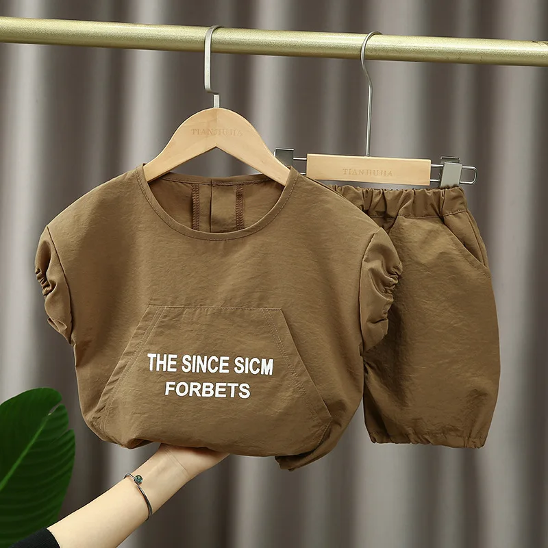 

Baby Boy Clothes Summer Korean Fashion Big Pocket O-neck Short Sleeved T-shirts and Shorts Two Piece Set Kids Boutique Outfits