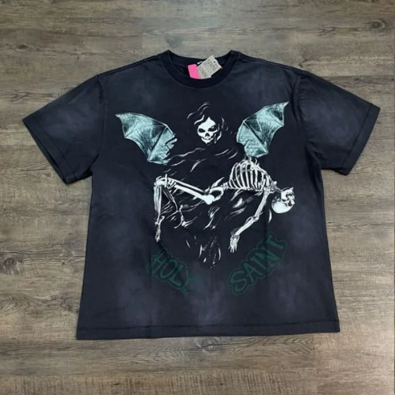 

Streetwear Hip Hop Saint Letter Cartoon Skulls Print T Shirt for Men Summer Hip Hop Rap Loose Short Sleeve