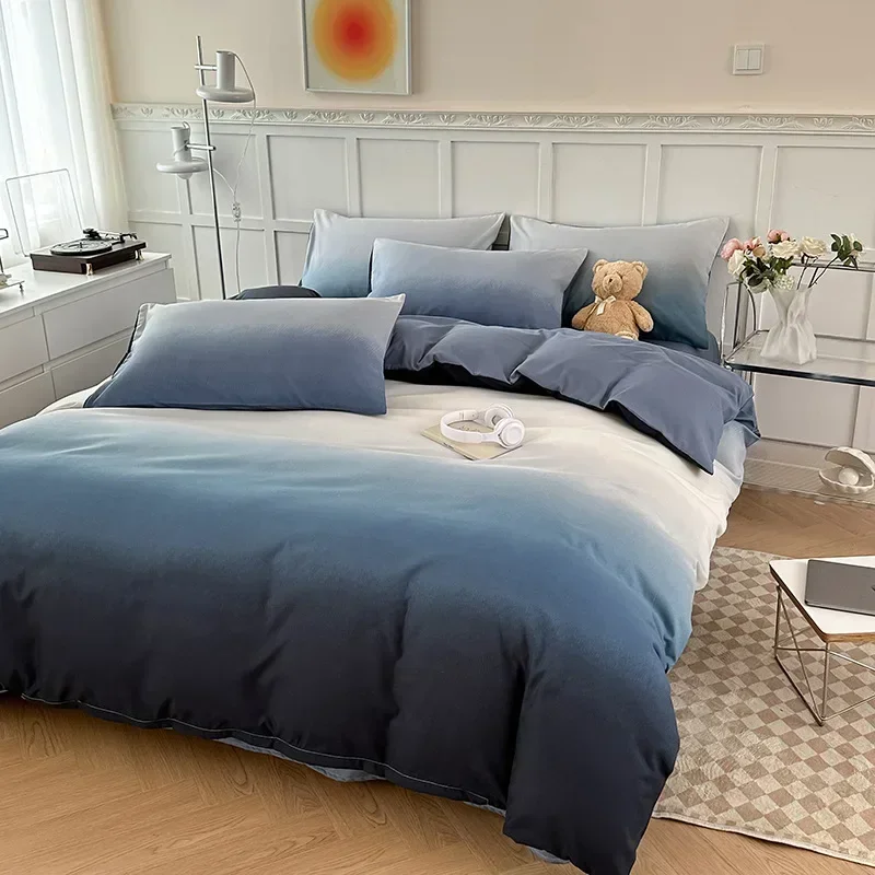 

Washed cotton solid color four-piece bedsheet set bed cap household simple gradient color dormitory three-piece set