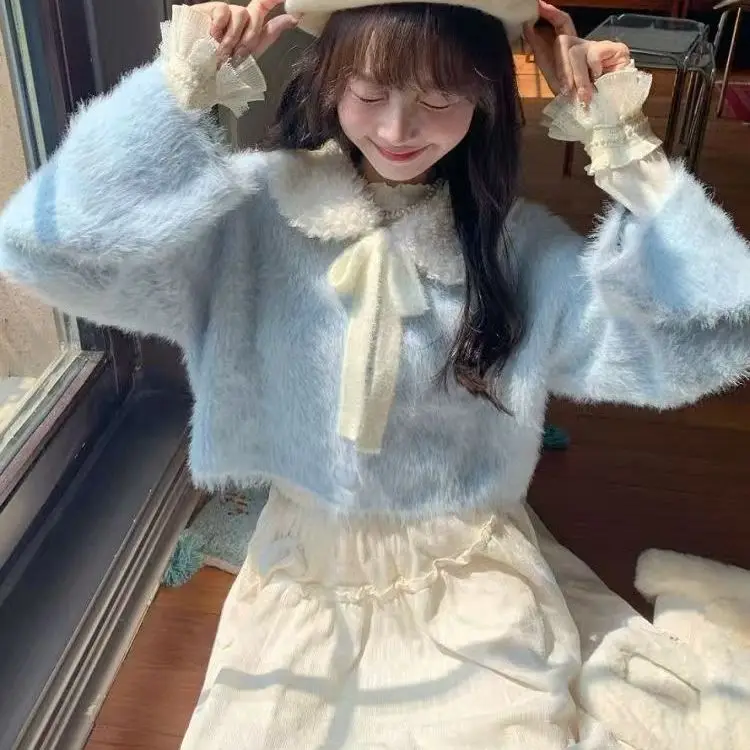 

Новый японский свитер с длинными рукавами и галстуком-бабочкой, вязаный кардиган, осенне-зимний свитер, милый топ, короткий стиль