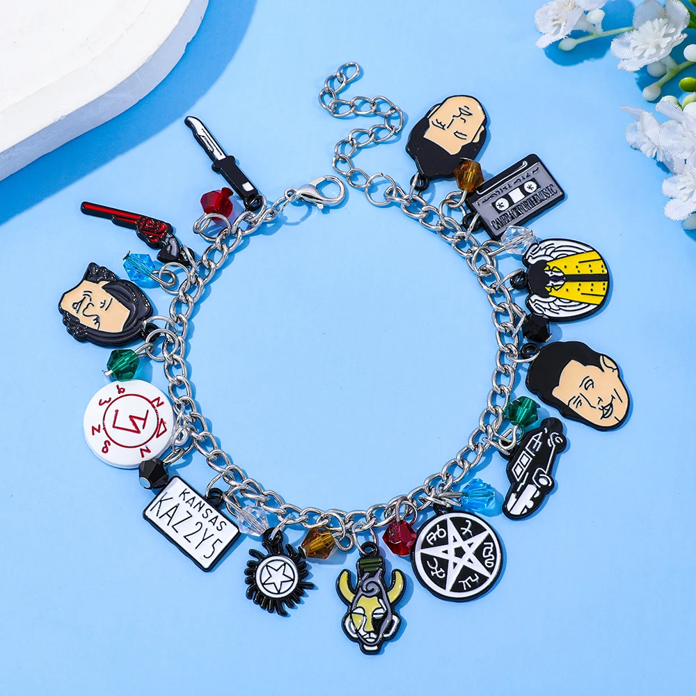 Supernatural TV Show Themed Charm Bracelet with Winchester Brothers Castiel Anti-Possession Symbol Impala And Colt Gun Charms - view 4