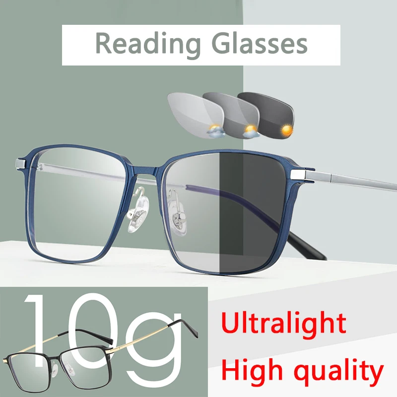 

Pure Titanium Retro Photochromic Reading Glasses Men Ultralight Square Full Frame Optical UV Protection Hyperopia Glasses 75 175