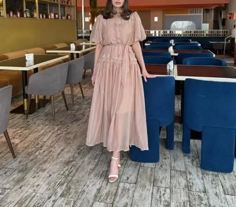 فستان فرنسي أنيق بأكمام قصيرة شبكي مطوي، فستان صيفي جديد على طراز الأميرة من الشيفون، فستان أنيق بأزرار لأعلى #2