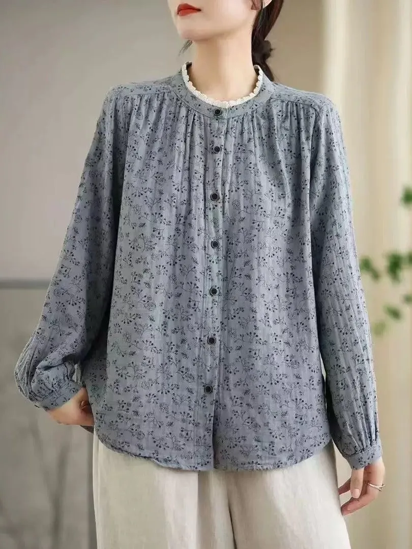 Loose Long Sleeve Lace Trim Shirt Women's Spring New Style Commute Grey Floral Print Casual Classic Fit Button up Blouse