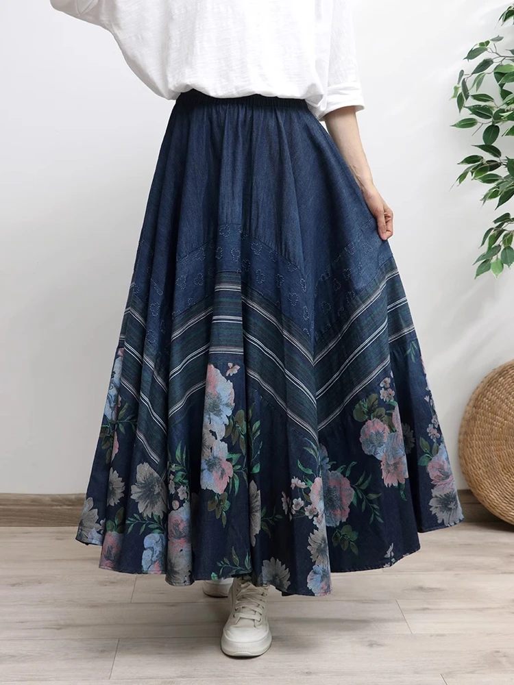 Demure Women's Denim Skirts Pink Flower Printed Stripe Vintage Sweet Patchwork Splicing A-Line Elastic Waist High Quality Girls