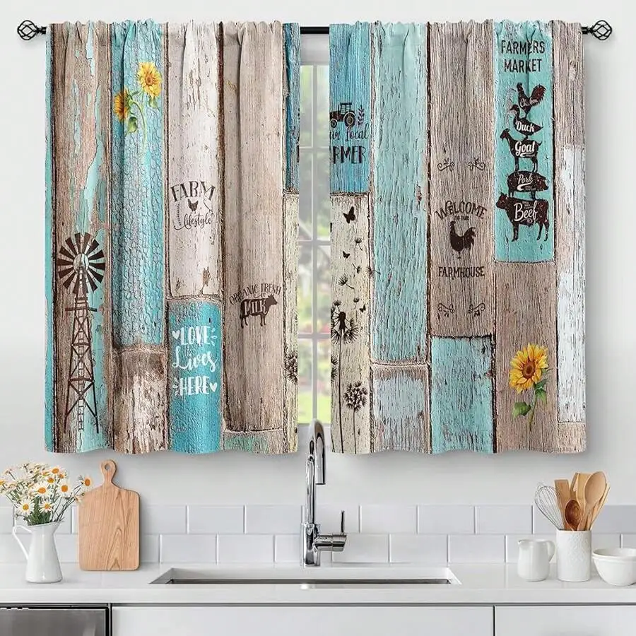 Rustic Village Kitchen Curtains With Floral And Star Pattern Rod Pocket 2 Panels 36 Inch Length