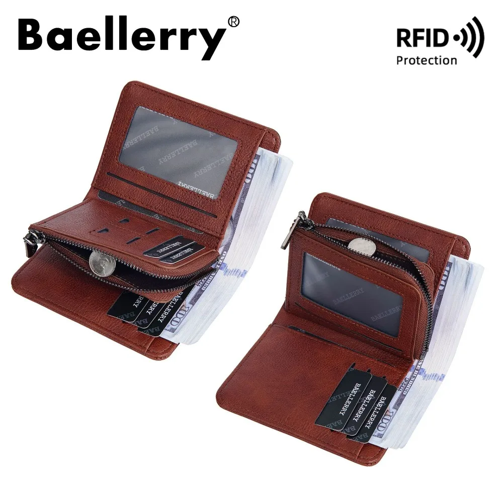 Baellerry Men's Short Wallets RFID Leather Trifold Wallets for Male with ID Window and Credit Card Holder Vintage Fashion Purse