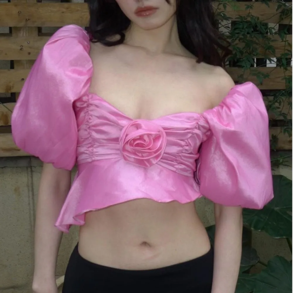 

Pink Bubble Sleeves 3D Flower Short Top Pure Desire Spicy Girl Bra Shirt Summer New Style