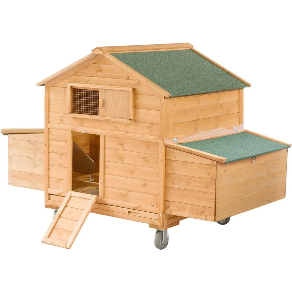 Large Chicken Coop with Wheels, Waterproof Outdoor Hen House for 6-8 Chickens, Movable Chicken House with Two Nesting Box