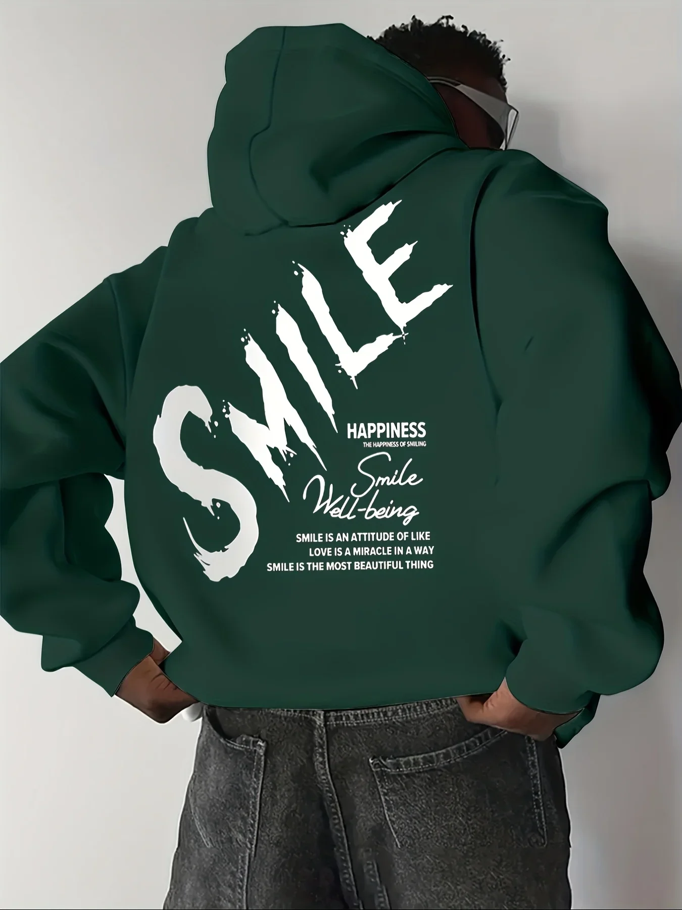 Men Trendy Graffiti Brush‑Font SMILE Letter Graphic Back‑print Black Pullover Hoodie Loose Unisex Hip‑hop Streetwear Tops