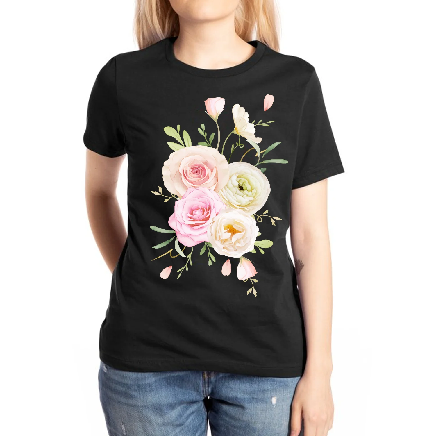 

100% Cotton Pretty Flower Print Women's T-Shirt Comfortable Breathable Short Sleeve Girly Casual Elegant Top Romantic Style Tee