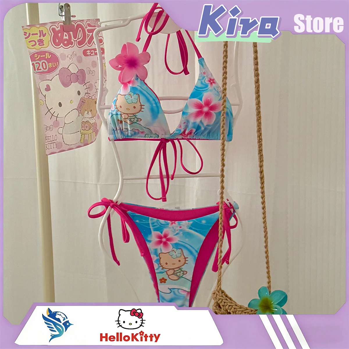 HELLO KITTY Dorable Girl  Three-Piece Summer Bikini Seaside Dopamine Color Series Hawaiian Swimsuits Loveliness Bathing Suit