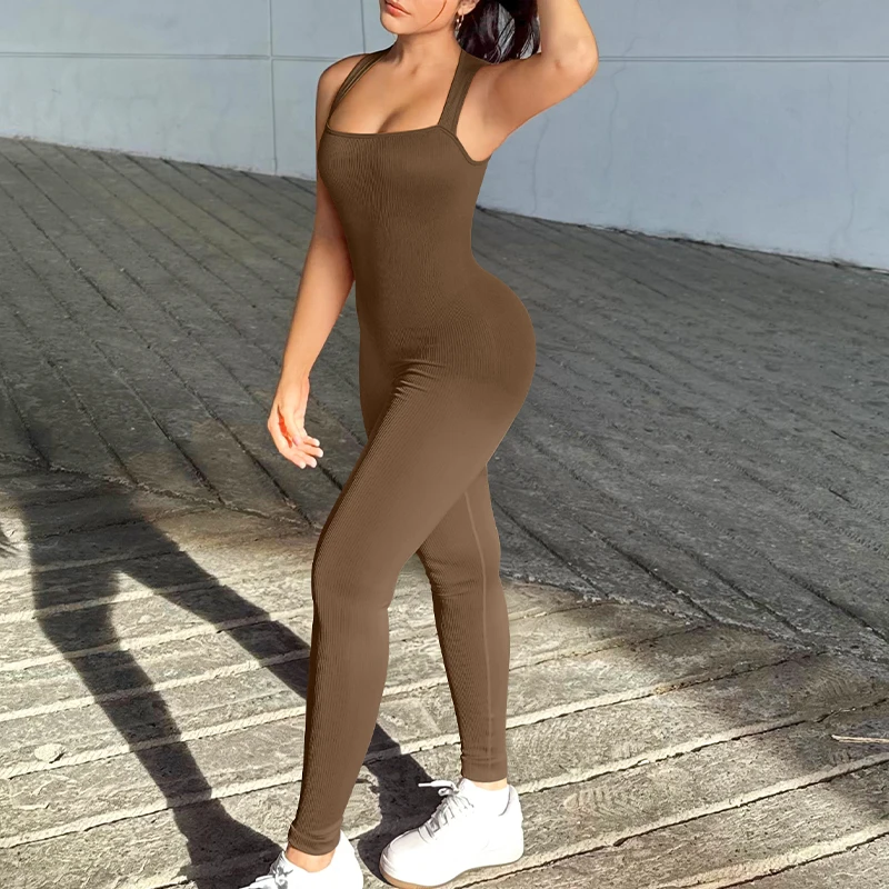 Summer Women's Sleeveless One-Piece Jumpsuits Solid Color Fitness Sports Jumpsuits