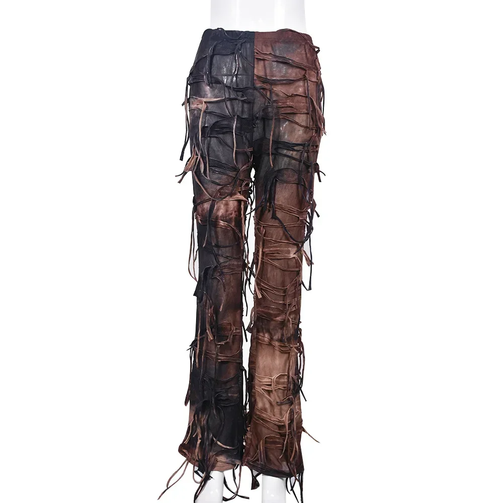 Leosoxs Fashion Women Tie Dye Printed High Waist Drawstring Tassel Flare Pants 2024 Summer Chic Stretch Legging Wide Leg Trouser