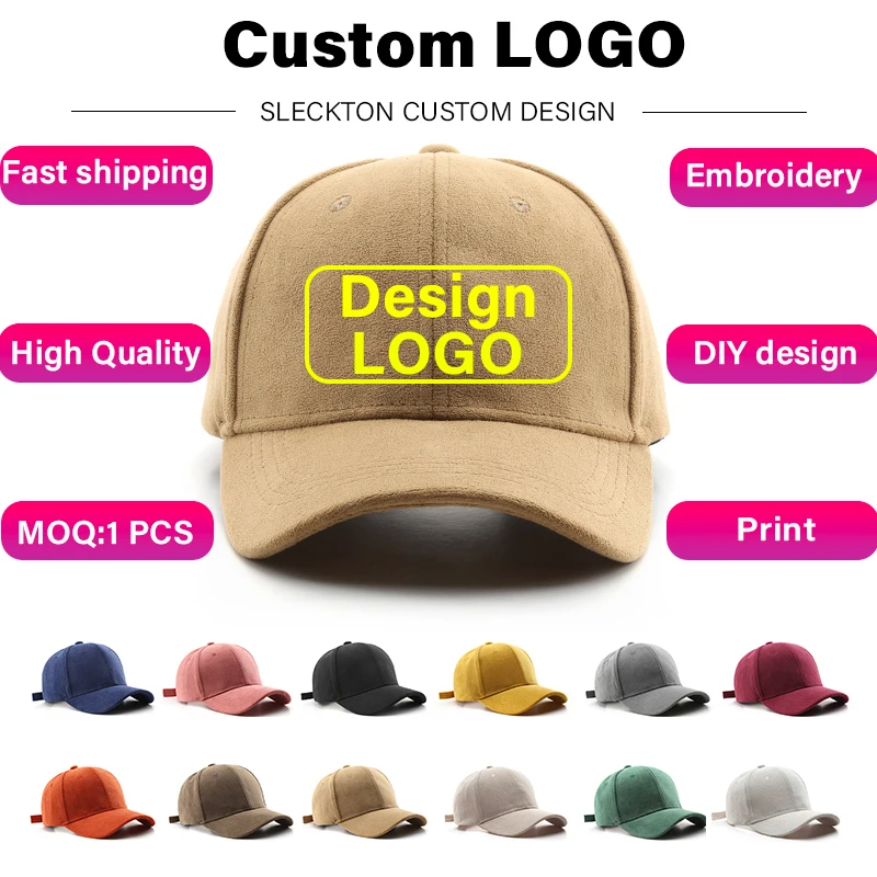 SLECKTON-Gorras bordadas personalizadas para hombre y mujer, gorro de béisbol de ante, con diseño de logotipo de marca, Unisex, venta al por mayor