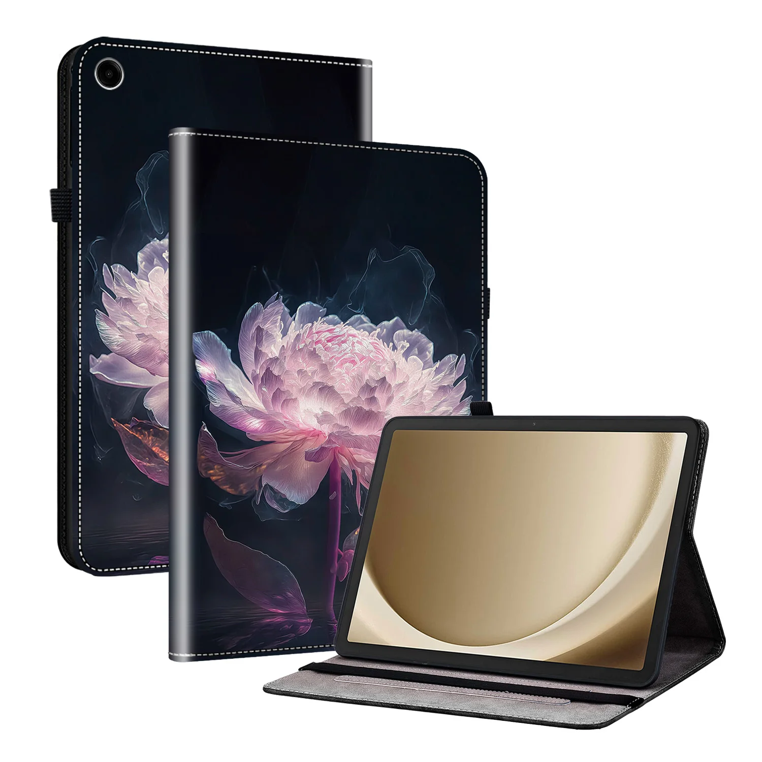 

For Samsung Galaxy Tab A11+ Leather Case Pattern Printed Stand Tablet Cover with Card Slots - Purple Peony