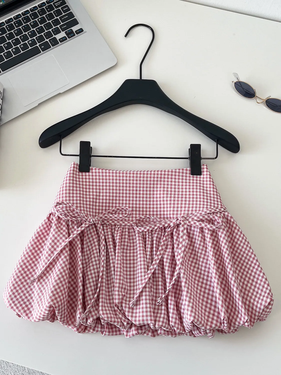 Women Pink Plaid Mini Bubble Skirt Vintage 2000s A-line Bow Balloon Skirt Harajuku Korean Style Y2k Puffball Skirt Summer 2026