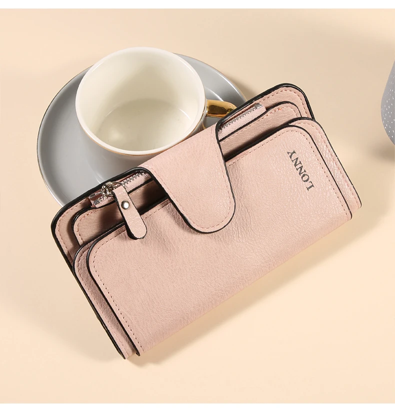 Damen-Geldbörse, dreifach gefaltet, lang, aus Wildlederimitat (PU), mit Druckknopfverschluss und Reißverschluss, viele Kartenfächer, großes Fassungsvermögen, Damen-Clutch-Geldbörse. – Detail 10