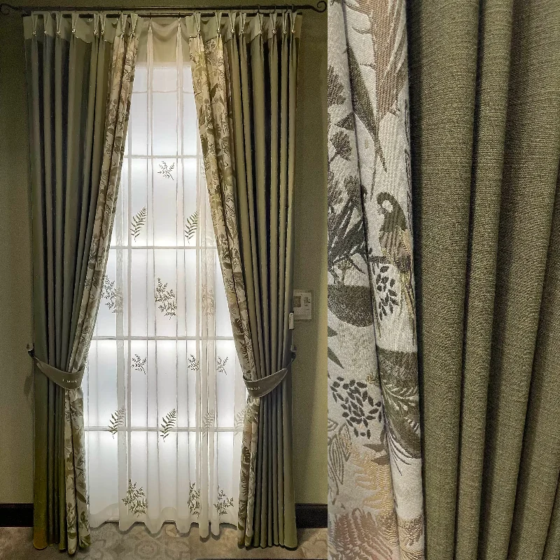 New American Retro Green Patchwork Cotton Linen Blackout Curtains for Living Room Bedroom French Window Customized Products