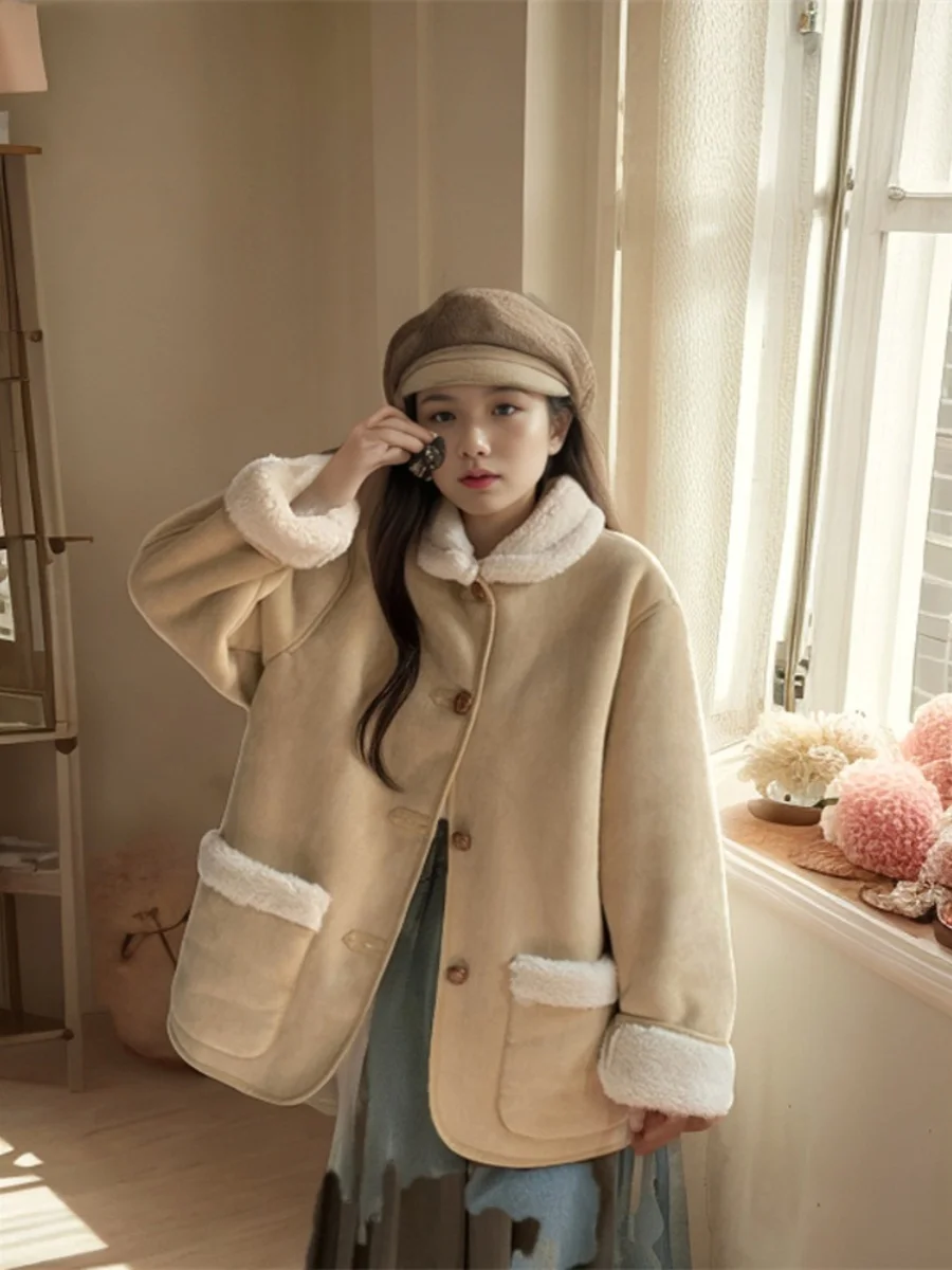 

Autumn Winter American Retro Lamb Fur Jaet Women's Leather Coat Inteated Skin And Fur Outerwear Commute Sle Long Sve