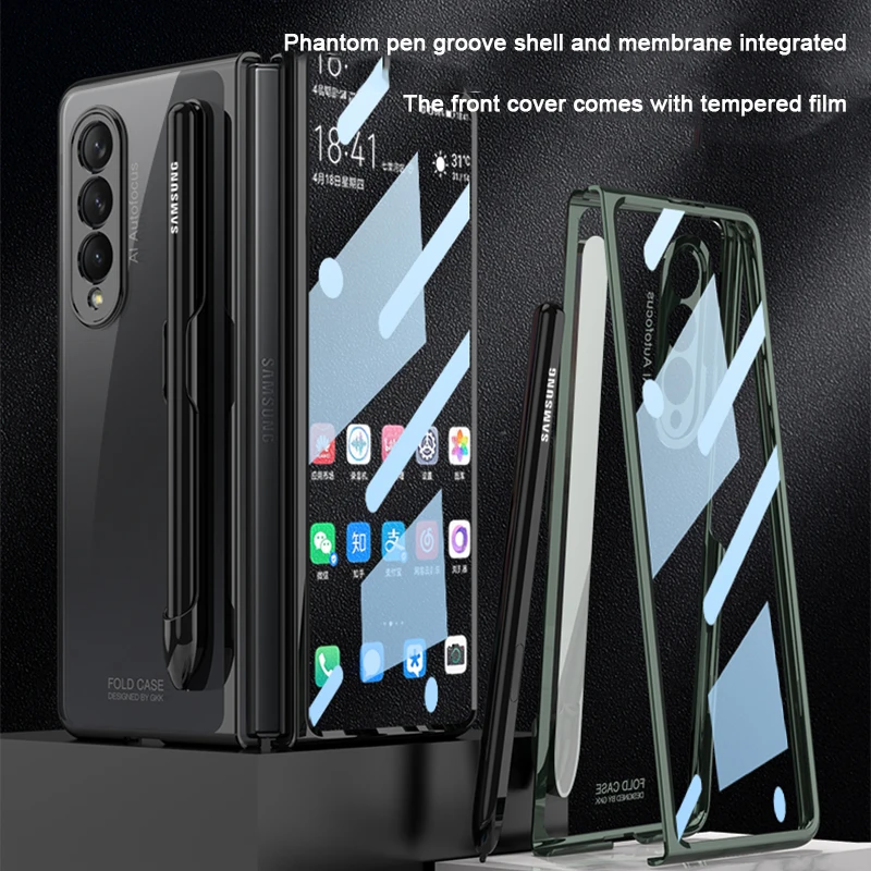 For Samsung Galaxy Z Fold 6 Fold 5 Fold 4 Cover Front Tempered Glass Transparent Case Plating Frame Hard Clear S Pen Slot Holder