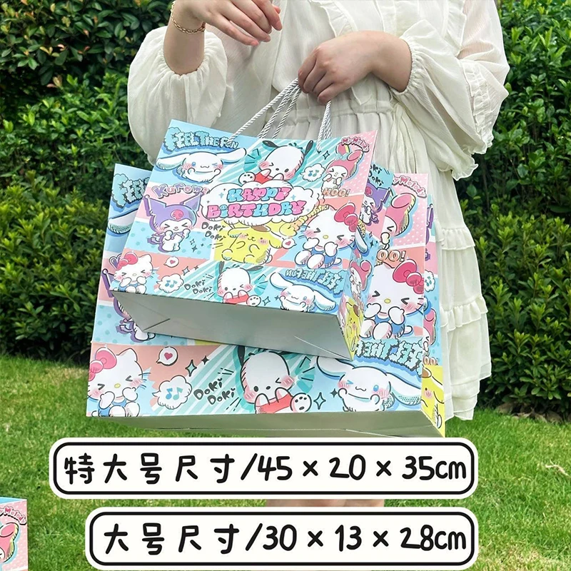 Sanrio Hello Kitty Cinnamoroll Anime Kawaii Large Capacity Gift Bag Cute Cartoon Cardstock Blessing Handbag Birthday Toys Girls